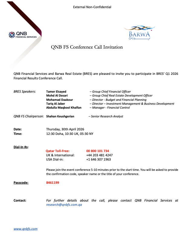 Invitation for Barwa investor relations conference call